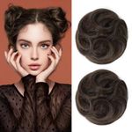 REECHO 2 PCS Mini Claw Clip in Messy & Cat Ears Hair Bun Extensions Wig Accessory Updo Hairpieces for Women Girls (Pack of 2-3.5" Wavy, Dark Brown with Copper Highlights)