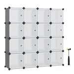 SONGMICS 16-Cube Storage Unit, Shoe Rack, Stackable Cubes, Plastic Closet Cabinet, Wardrobe, with Doors, for Bedroom, Office, Easy to Assemble, Grey LPC443G01