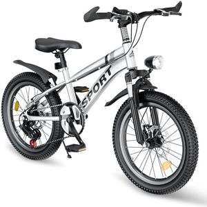 MCFANSHOU 24 inch Kids Mountain Bike with 7-Speed Gears, Front Suspension,Dual Disc Brakes,LED Headligh,Boys Mountain Bike for Ages 8-14 (Silvery 24")