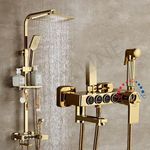 Shower Panels For Bathroom Heavy Brass Wall Mount Thermostatic Shower Set | Hot & Cold Mixer Shower 4 in 1 Shower Panel, Hand shower + Rain Shower overhead + Jet Spray | Gold Finish