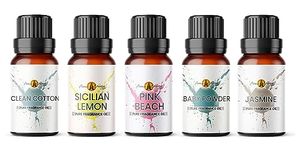 Candle Making Scents Fragrance Oil Set 5 x 10ml | for Diffuser Refill, Wax Melts, Soaps, Perfume | Pink Beach, Baby Powder, Clean Cotton, Sicilian Lemon, Jasmine