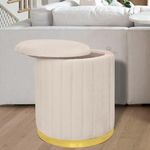 RIBAVARY® Round Velvet Luxurious Storage Ottoman,Vanity Stool Chair,Upholstered Foot Rest Stool with Gold Strip Base for Living Room or Bedroom (Pack of 1 (Big), Cream)