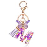 JINGUAZI Initial letter Keychains for Women Tassel Butterfly Pink Purple Cute Car Keychain for Wallet Backpack bag charm, M-purple, Keychains