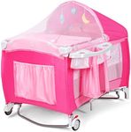 Costzon 4 in 1 Pack and Play with Bassinet, Portable Baby Playard with Adjustable Canopy, Side Zipper Entrance, Music Box, Whirling Toys, Wheels & Brake, Basket, Travel Crib for Indoor Outdoor Use