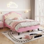 4ft6 Double Bed Frame Upholstered Platform Bed with Adjustable Chic Button-Tufted Headboard, PU Faux Leather, Sturdy Metal-Wood Support, No Box Spring Needed, Pink+Beige Double Bed Girls Bed Guest Bed