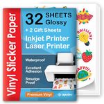 Premium Printable Vinyl Sticker Paper - 32 Sheets - Glossy A4 - Waterproof - Laser & Inkjet Vinyl Sticker Paper - Printable Sticker Paper - for Cricut (32) (Glossy (32 Sheets))