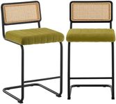 Counter Height Bar Stools Set of 2, 26" Rattan Counter Stool Velvet Upholstered Barstool with Cane Back & Metal Frame, Mid Century Modern Bar Chair Kitchen Stool for Counter Island (Olive Green)