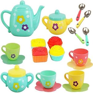 koolbitz 22 Pcs Kids Tea Set Party with Dessert Candy Muffin Toys Including Cups & Plates, BPA Free PVC Free Teapot, Washable Dishes, Safe Material, For Little Girls Enhance Child Skills