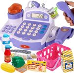 BUYGER Toy Cash Register for Kids with Real Calculator, Light and Sound Scanner, Microphone, Pretend Play Shopping Food Toys Cashier Playset Gifts for Ages 3 4 5