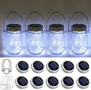 Solar Mason Jar Light Lids 10 Pack 20 LED Fairy String Light Inserts for Jars with Hangers Starry Lighting Waterproof Rust Resist for Patio Lawn Garden Wedding Lantern Decor No Jars (Cool White)