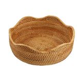 AMOLOLO Handmade Rattan Round Fruit Basket Food Storage Bowls Kitchen Organizer Snack Serving Bowl, 11 Inch Boho Wicker Bread Bowl Woven Basket Décor for Nuts with 3”Side and Wavy Edge (Large 11")