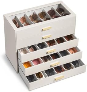 VLANDO 30-Slot Sunglasses Organizer Case with Clear Lid & 5 Drawers,Beige