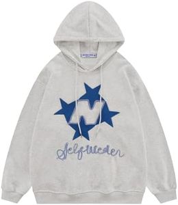 Aelfric Eden Y2k Hoodie Women Graphic Oversized Hoodies Star Embroidered Hoodied Sweatshirt Casual Vintage Pullover Grey