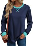 Trendy Queen Womens Fall Long Sleeve Tops Color Block Casual Cute T Shirts Y2k Winter Clothes Basic Tees, NavyMint, M