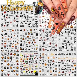 12 Sheets Halloween Nail Stickers Decals, Wsimily Self-Adhesive 3D Halloween Nail Art Stickers Pumpkin Skull Spider Ghost Bat Mixed Pattern Nail Decals for Halloween Party Favors Nails Decoration