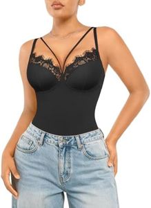 SHAPELLX Lace Bodysuit for Women Tummy Control Thong Black Waist Sculpting Shapewear V Neck Body Shaper (Black, Large)