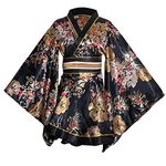 HFU Women's Short Kimono Costume Floral Geisha Lolita Yukata Asia Traditional Sexy Bathrobe Sleepwear Robe Belt Outfit, S05# Black, Large