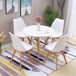 HomJoy Dining Table and 4 Chairs Set, Modern Design PU Seat Lounge Chair and White Round Kitchen Table with Solid Wood Legs