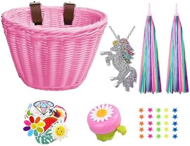 Kids Bike Basket, Wicker Basket, Handlebar Bicycle Basket for Girls with Unicorn Necklace, Bike Bell, Streamers, Stickers Bike Decoration Accessories Set