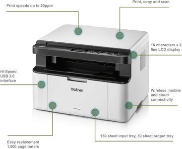 Brother DCP-1610W Mono Laser All-in-One Printer – Wireless, Compact A4, White