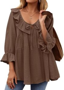 ZESICA Womens Scoop Neck 3/4 Length Sleeve Tops 2024 Casual Tie Front Ruffle Tiered Loose Tunic Shirts Blouses Fall Outfits, Brown, Large