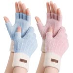 FCHUI Winter Fingerless Gloves - Women Warm Knit Half Fingers Mittens Thermal Fingerless Gloves Ladies Half Fingers for Running Sking (Blue+Pink)