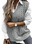 EVALESS Womens Grey Sweater Vest V Neck Sleeveless Sweaters for Women Cable Knit Solid Color Tops Loose Casual Soft Sweater Small