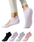 Yawlsow Pilates Socks with grips for Women Non Slip Sock with grip for Yoga Hospital Barre Barefoot (CA/US, Alpha, One Size, Regular, Regular, Black + Purple + Light Gray + Pink)