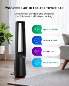 Pro Breeze Silent Bladeless Tower Fan – Ultra Quiet, 10 Speeds, Remote
