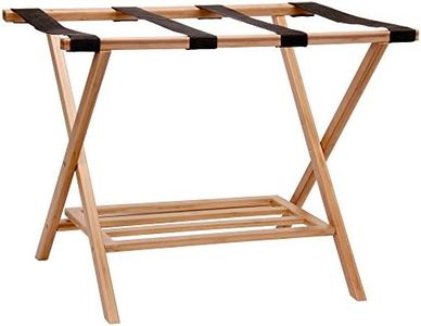 Household Essentials Fully Assembled Folding Luggage Rack with Lower Storage Shelf | Bamboo Frame with Black Straps, Brown