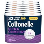 Cottonelle Ultra Comfort Toilet Paper with Cushiony CleaningRipplesTexture, 32 Family Mega Rolls (32 Family Mega Rolls = 144 Regular Rolls)(8 Packs of 4), 296 Sheets per Roll