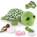 MorisMos Sea Turtle Stuffed Animal with Babies, 14'' Mommy Stuffed Turtle with 3 Baby Turtles & 2 Plush Eggs in Tummy, Big-Eyed Turtle Toys for Kids Toddlers,Sea Stuffed Animals,Tortoise Plush Pillow