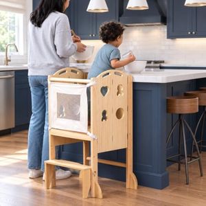 Avenlur Plum - 3 in 1 Foldable Kitchen Tower - Step Stool for Toddlers - Ideal for Kitchen, Living Room, Playroom, and More - with Integrated Chalkboard - Children Kitchen Stool, Natural