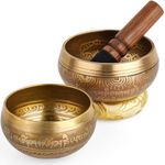 Relaehih 2-Pack Tibetan Singing Bowls Set - 100% Handmade in Nepal, Sound Bowl Meditation Set for Yoga, Chakra Healing, Meditation Gifts, Unique Gifts for Women (Yellow, 3.15 + 4 inch)