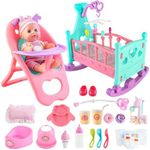 deAO Baby Doll Set with Crib Bed High Chair Stroller Baby Doll Accessories 20 Pieces Play Set Birthday for Girls Boys Kids