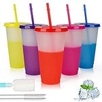 Echify Cold Cups with Lids & Straws - 5 Pack Bright Color Changing Cups 24oz Bulk Magic Tumbler Iced Coffee Cup Travel Mug - Reusable Plastic Cups Smoothie Milkshake Cup for Kids Adults