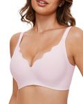 GXOULRRA Wavy Wireless V Neck Bras for Women No Underwire Padded Bralettes Adjustable Straps Plunge Bra with Bra Extender-Pink-XL