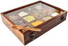 Get Crafty Wooden Spice Box for Kitchen with Spoon – 12 Compartments Removable - Handmade Indian Masala Dabba with Glass Lid - Spices Organizer & Multipurpose Storage Box for Dry Fruits - for Gift