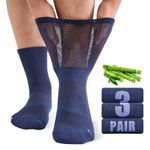 SukModen Bamboo Diabetic Socks for Men, Soft Top Cushioned Seamless Socks for Swollen Feet and Ankles, Loose Top Hospital Socks 9-11 Navy