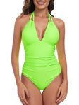 RELLECIGA Women's Neon Green V Neck Halter Monokini Ruched Tummy Control One Piece Swimsuits Size Large