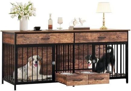 YITAHOME Double Dog Crate Furniture with Dog Feeder, 74.8" Wooden Decorative Dog Kennel Furniture Indoor Heavy Duty Dog Crate with Drawers, 2 Room Divider for 2 Medium Large Dogs, Brown
