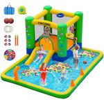 FINCOME Bouncy Castles for Kids, Inflatable Bounce House Water Park with Slide, Splash Pool, Basketball Hoop, Ball Shooting & Water Cannon for Backyard Outdoor Indoor, 370W Blower Included