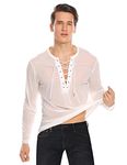 COOFANDY Mens Sexy Lace up See Through Long Sleeve T Shirt Mesh Undershirts,Medium,White