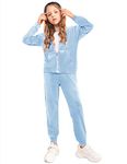 Arshiner Girls 2 Pieces Velvet Tracksuit Active Hooded Zip Up Tops and Pants Set with Pocket Blue for 10-12 Years