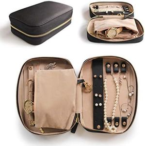 Black Large Jewelry Travel Case Organizer for Necklaces, Earrings, Bracelets - Removable Travel Pouch and Full-Grain Scratch-Proof Leather (Black)