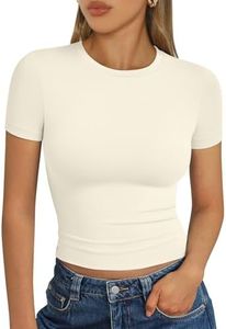 Trendy Queen Womens Basic T Shirts Scoop Neck Short Sleeve Crop Tops Slim Fit Summer Tees Y2k Clothing 2025 LightApricot M