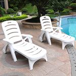 Warmiehomy 2 PCS Foldable Plastic Recliner Sun Lounger Beach Chair with Wheel and Footrest for Garden Camping Pool Seaside Outdoors (White, 2 PCS)