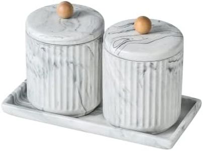 Redelaenor Marble Small Bathroom Jar Set ，Ceramic Cotton Swabs Holder with Lid and Dresser Organizer Set Tray for Storage and Organizing in Bathroom, Dresser, Kitchen, Office
