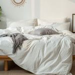 MooMee Bedding Duvet Cover Set 100% Washed Cotton Linen Like Textured Breathable Durable Soft Comfy (White Stripe, King)