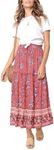 MEROKEETY Women's Boho Floral Print Elastic High Waist Pleated A Line Maxi Skirt Red